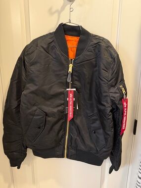 ALPHA INDUSTRIES, M- Black Bomber Jacket with Orange Lining